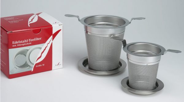 Edelstahldauerfilter mit Doppelhenkel und Abtropftablett