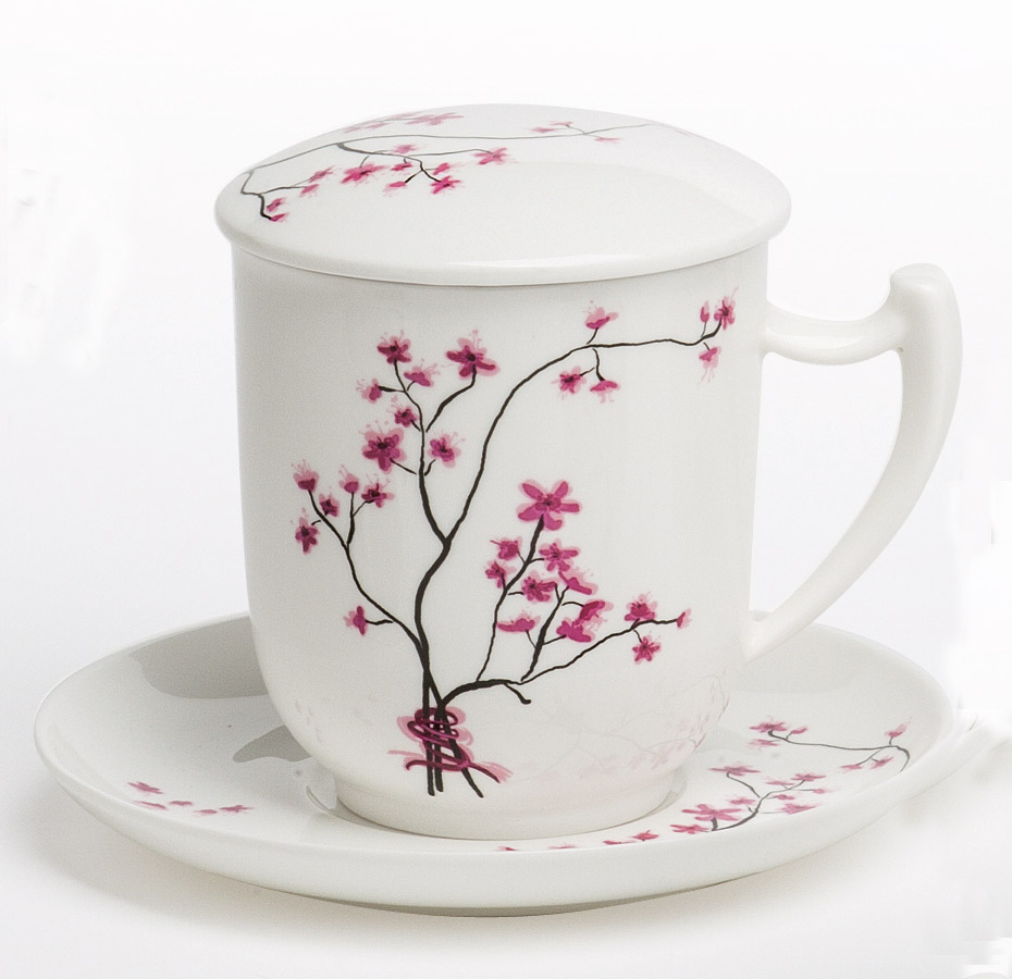 Kräuterteetasse Cherry Blossom mit Filter, 0,35l, 4-tlg., Bone China